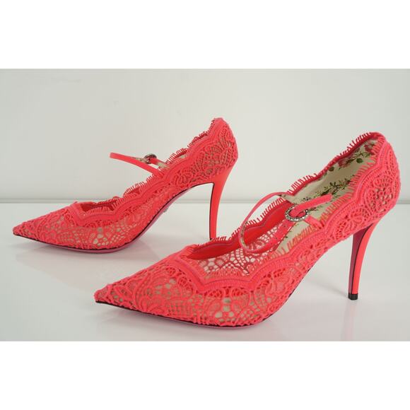 Gucci Virgina 95 Pink Lace Pointed Toe Pumps MJ Strap Size 39.5 NIB $1100 Neon - Picture 11 of 11
